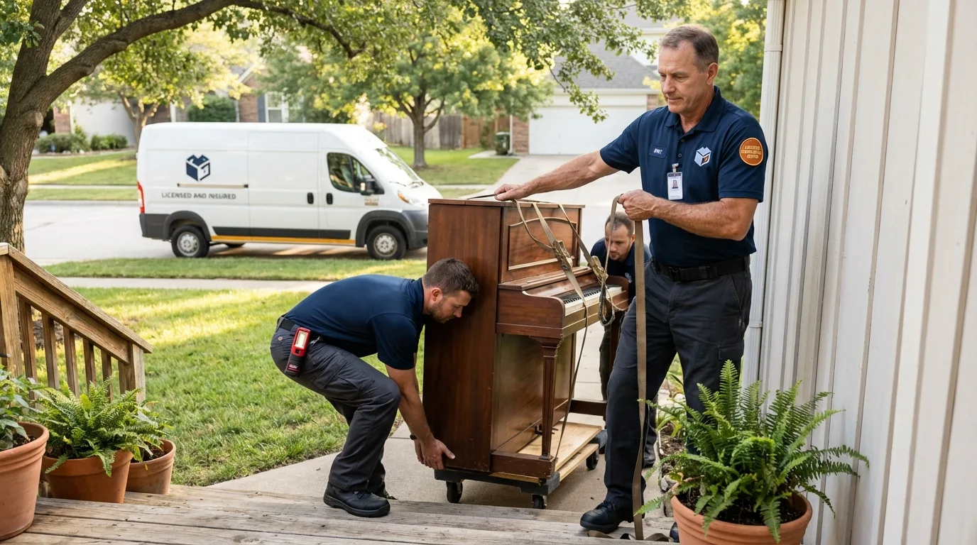 Licensed piano movers securing grand piano in Hebron, OH