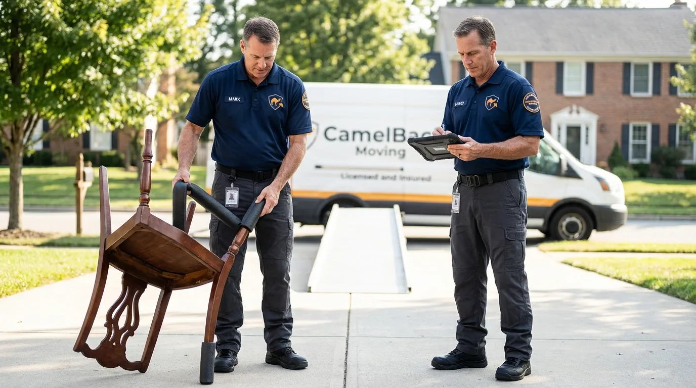 Movers inspecting furniture for damage prevention before loading in Hebron, OH