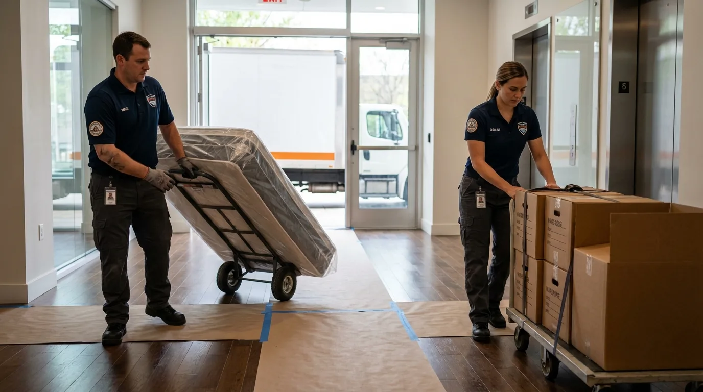 Professional apartment movers loading elevator in Hebron, OH